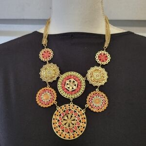 Vintage Mexican Bib Cascade Beaded Pendant Chain Necklace Orange Gold Green Red